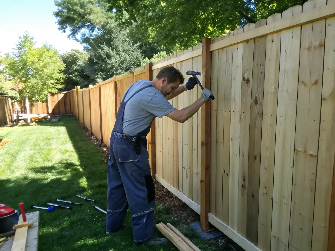 A professional carpenter installing a wooden fence post, showcasing the precision and expertise involved in fence installation.