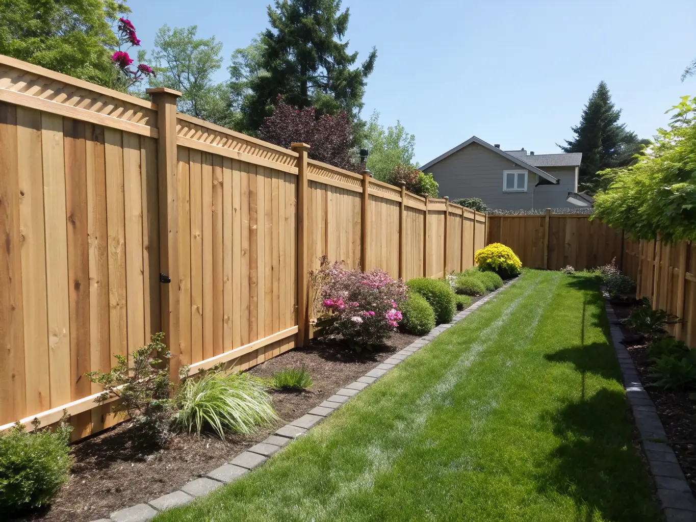 A high-quality image showcasing a newly installed wooden privacy fence in a residential backyard, highlighting the craftsmanship and aesthetic appeal.