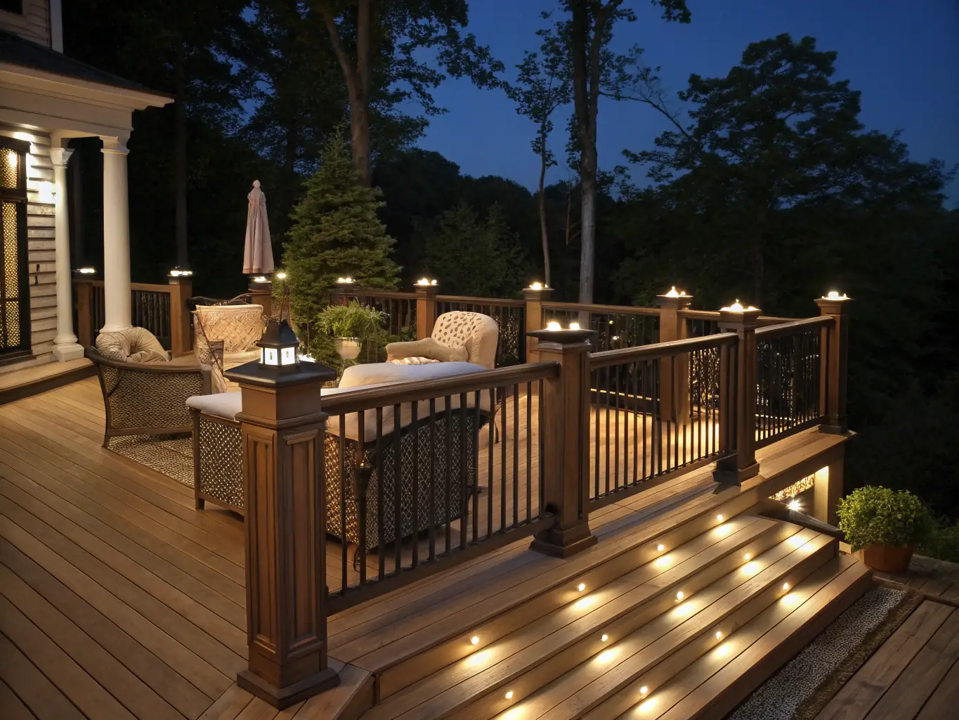 A professional photograph of a newly constructed wooden deck, showcasing the quality of the materials and the craftsmanship of the deck builders.