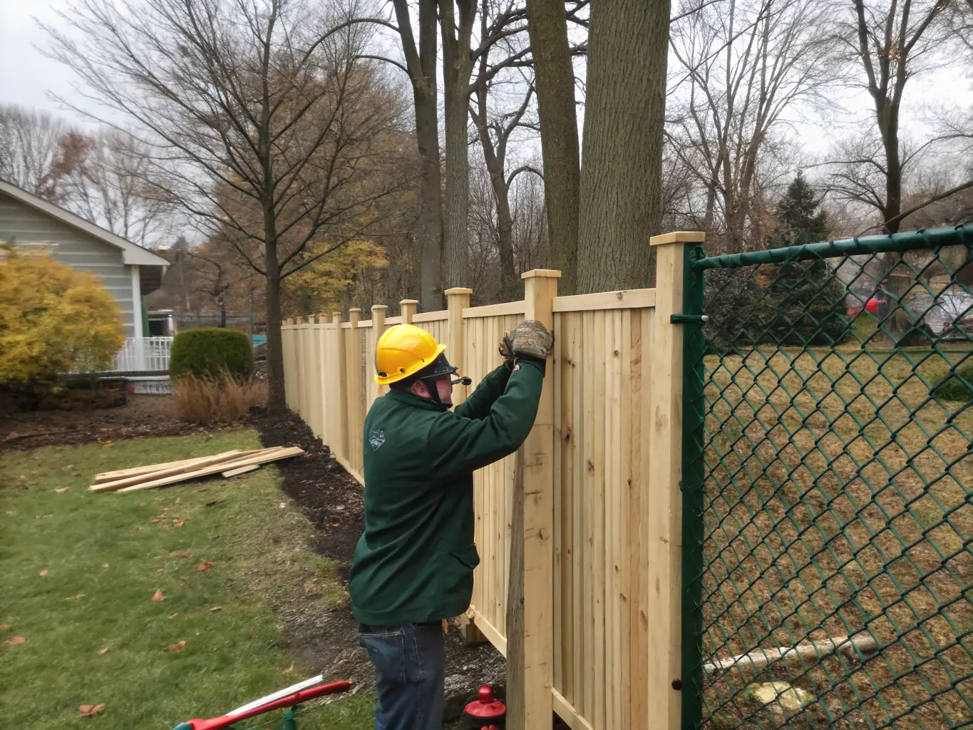 A close-up shot of a SquareHead Carpentry team member expertly installing a wooden fence post, showcasing their attention to detail and commitment to quality workmanship.