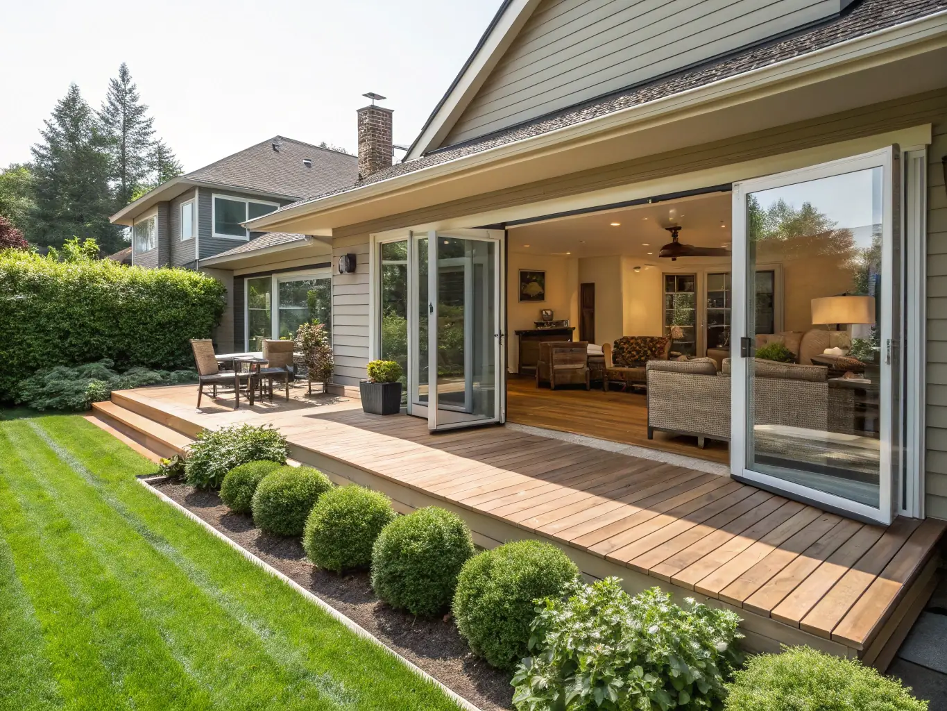 A newly constructed wooden deck extending from a home into a well-maintained backyard, illustrating the beauty and functionality of custom deck building.